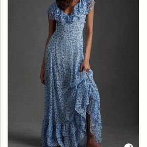 Sachin & Babi Flutter-Sleeve Ruffled V-Neck Gown